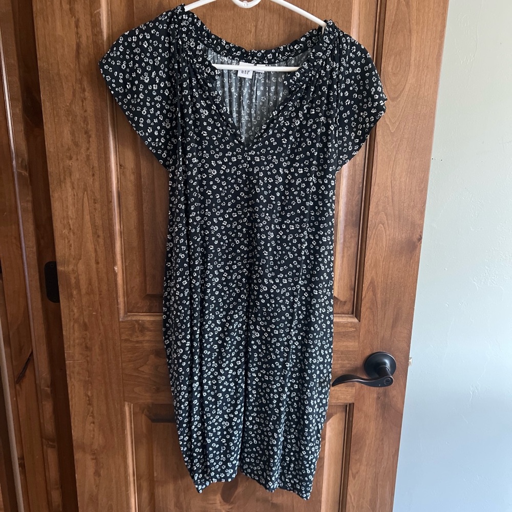 GAP Black Floral Maxi Dress with White Ditsy Print